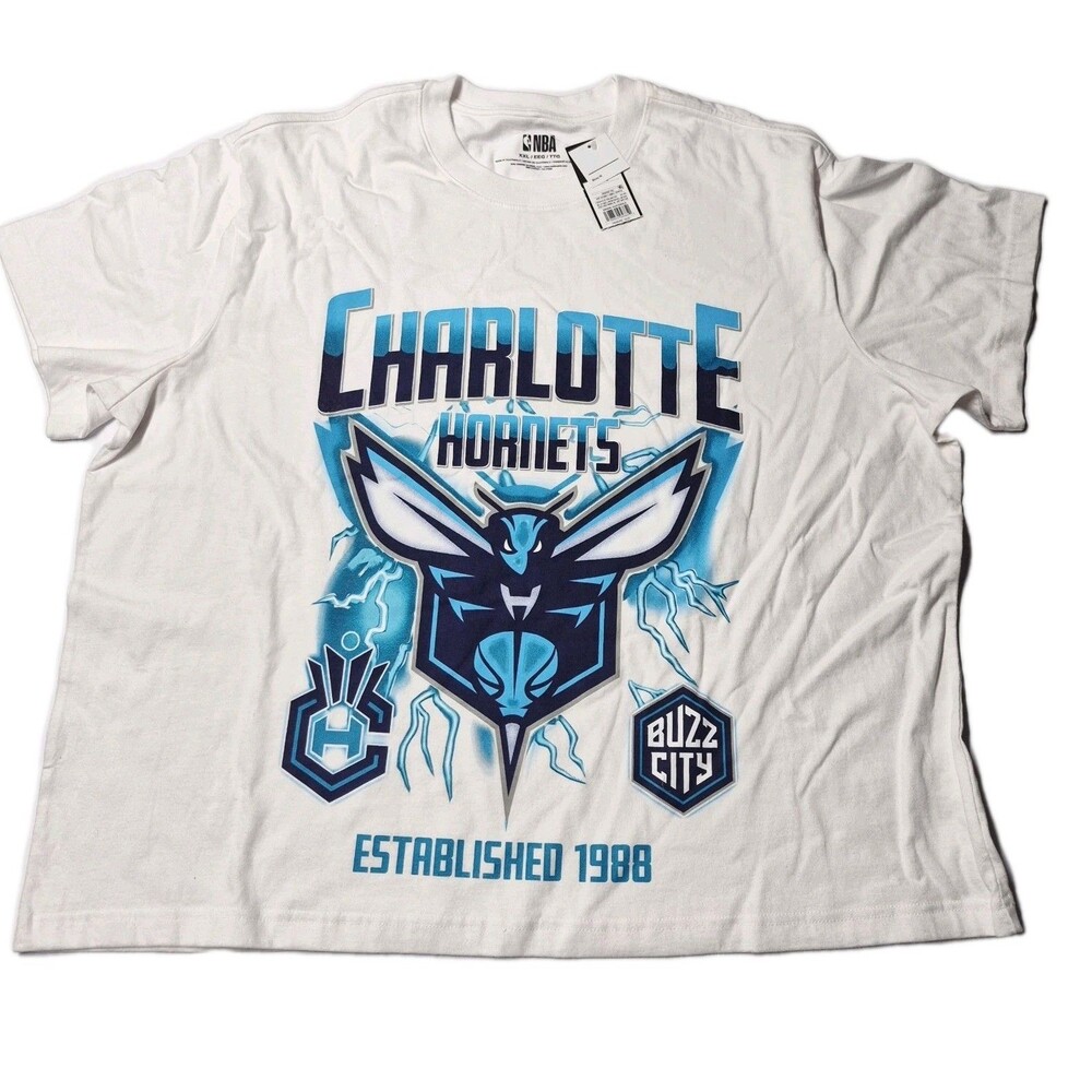 ​NBA Charlotte Hornets T Shirt Mens 2XL White Buzz City Boxy Fit Lightning NWT